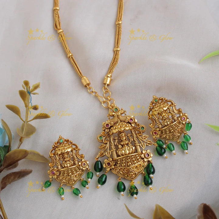Gorgeous Lakshmi peacock design pendent with chain with green beads - Sparkle and Glow