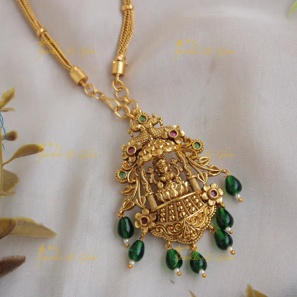 Gorgeous Lakshmi peacock design pendent with chain with green beads - Sparkle and Glow