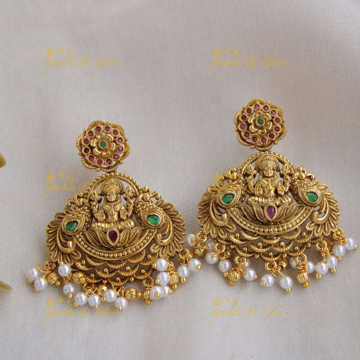 Gold Alike Lakshmi peacock carved pendent with chain with pearls - Sparkle and Glow