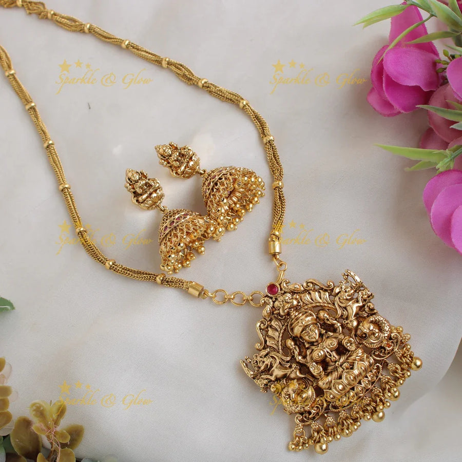 Beautiful Lakshmi peacock carved pendent with chain with gold beads - Sparkle and Glow