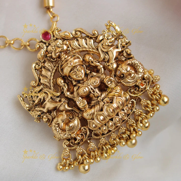 Beautiful Lakshmi peacock carved pendent with chain with gold beads - Sparkle and Glow