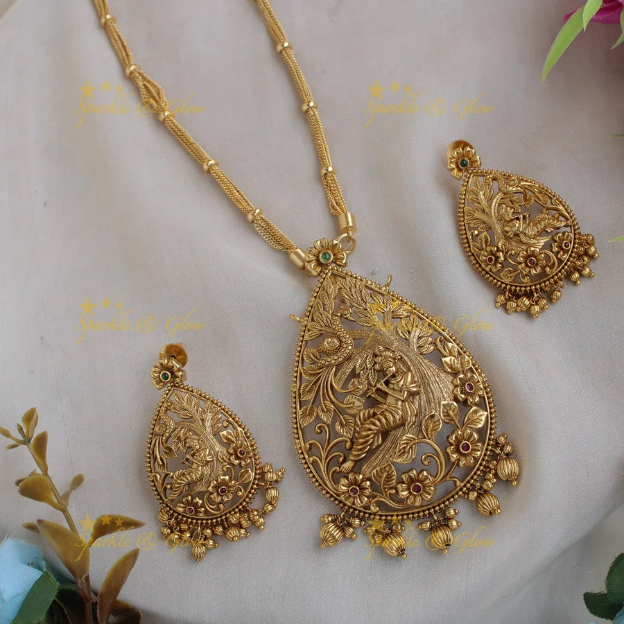 Exclusive Krishna playing flute carved pendent with chain with gold beads - Sparkle and Glow