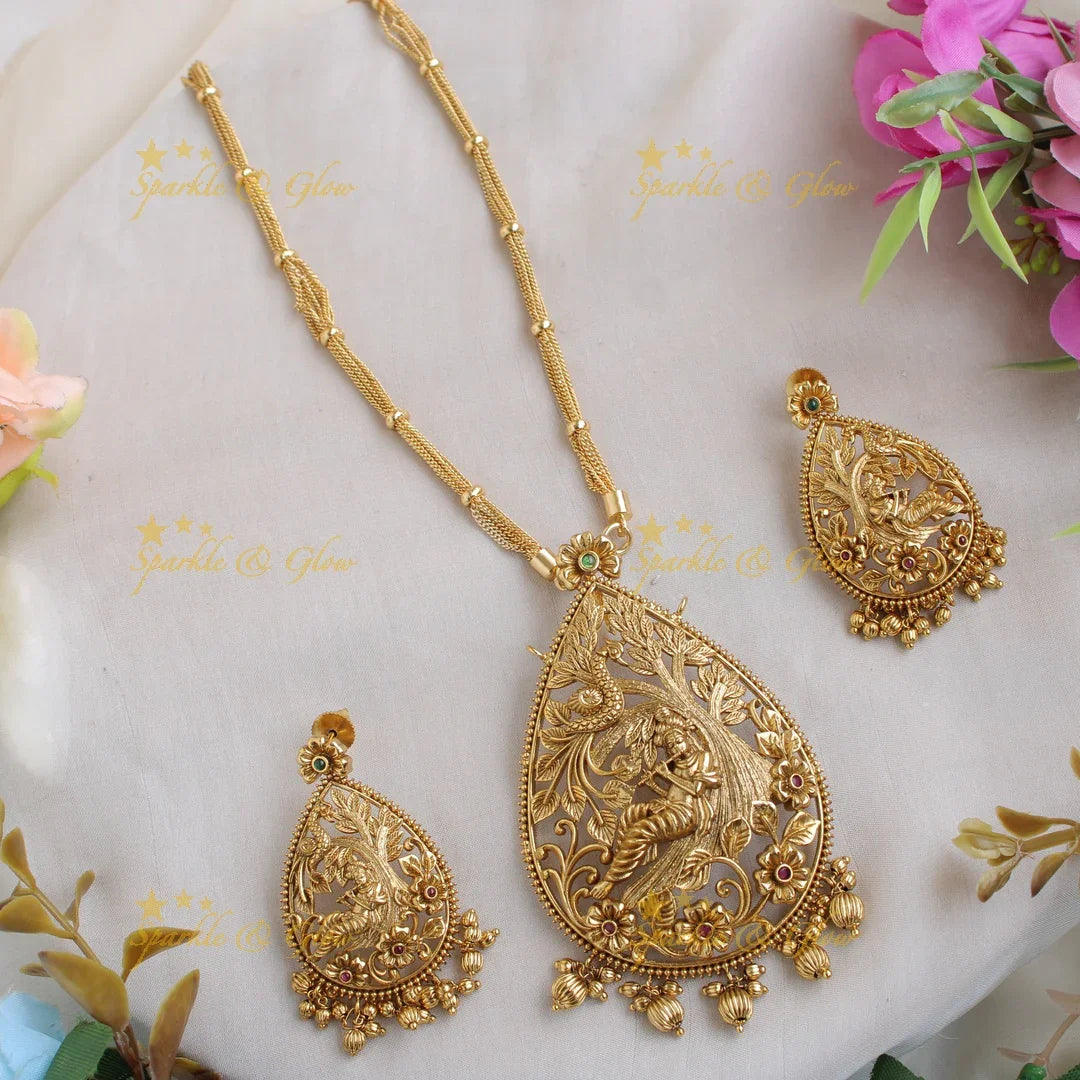 Exclusive Krishna playing flute carved pendent with chain with gold beads - Sparkle and Glow