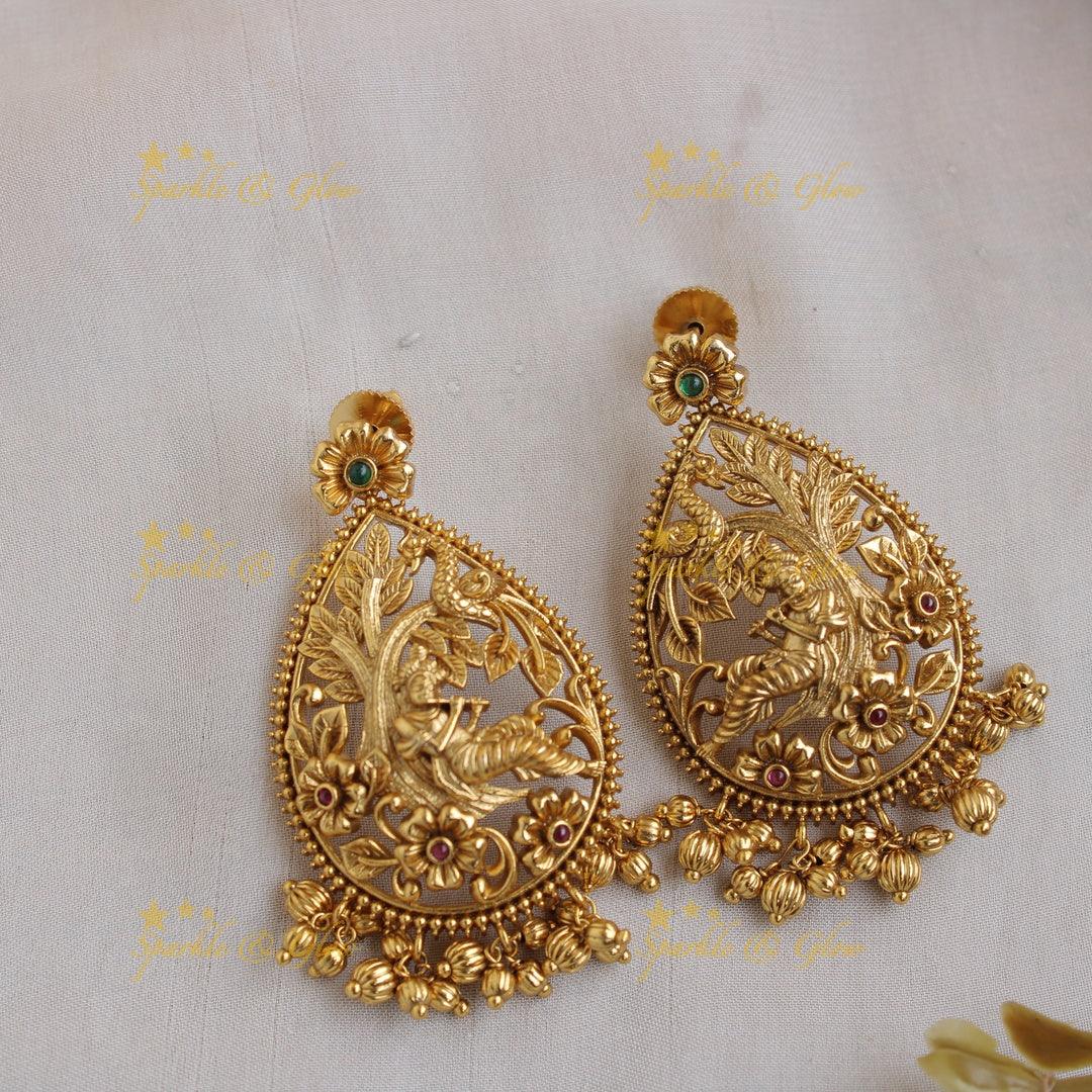 Exclusive Krishna playing flute carved pendent with chain with gold beads - Sparkle and Glow