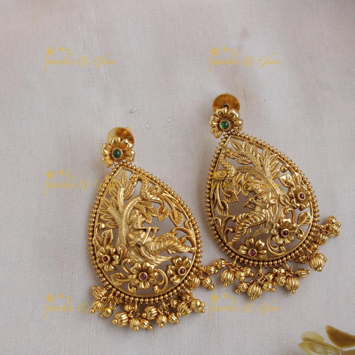 Exclusive Krishna playing flute carved pendent with chain with gold beads - Sparkle and Glow