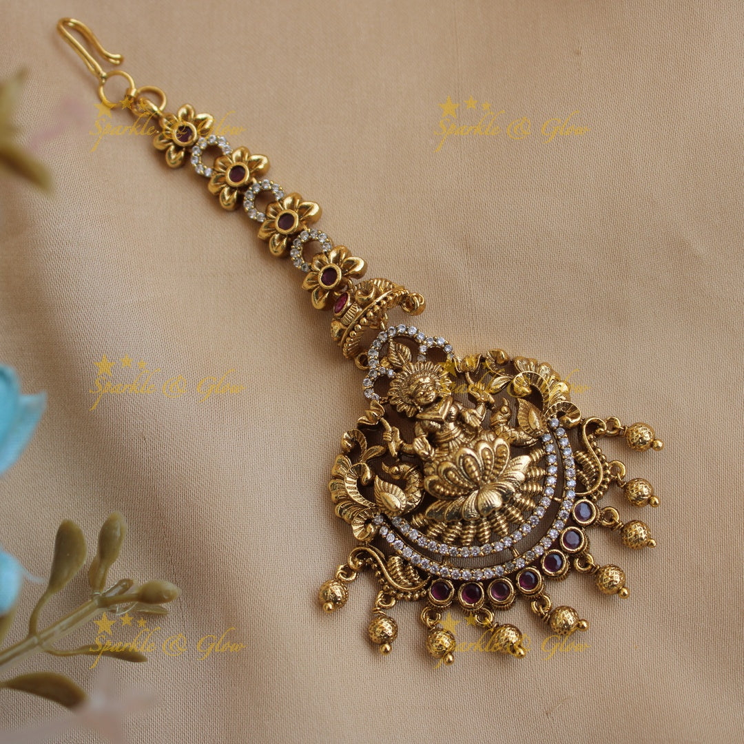 Lakshmi peacock Floral design gold alike maang tikka with ruby CZ stones and gold beads