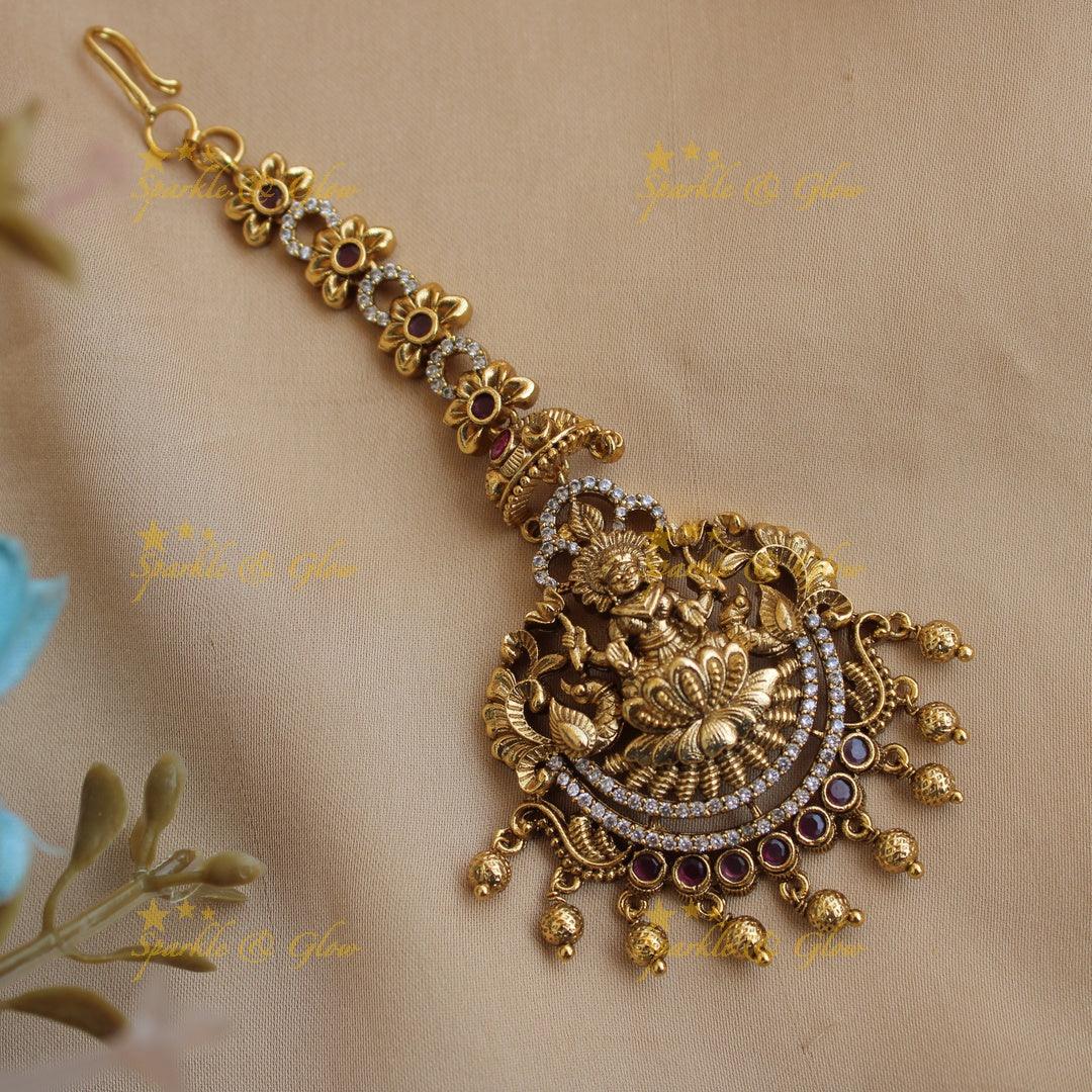 Lakshmi peacock Floral design gold alike maang tikka with ruby CZ stones and gold beads - Sparkle and Glow