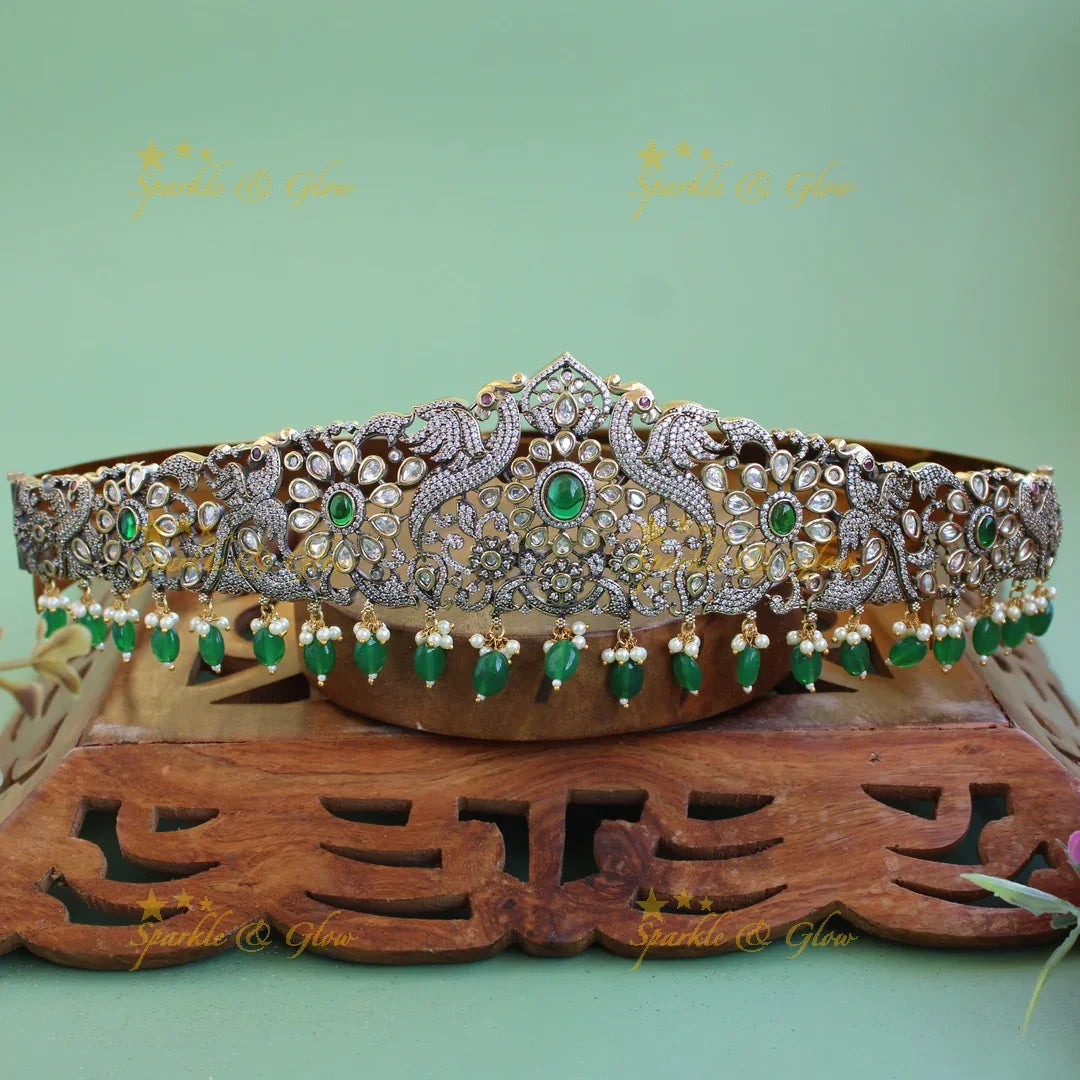 Gorgeous Peacock floral design black finish victorian ad hipbelt with green beads and stones - Sparkle and Glow