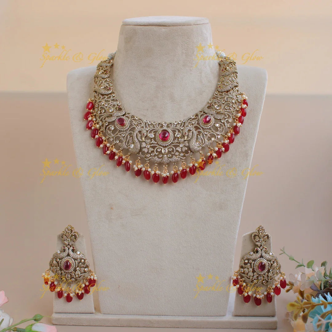 Statement Peacock floral design Victorian AD short necklace with ruby pearls and red beads - Sparkle and Glow