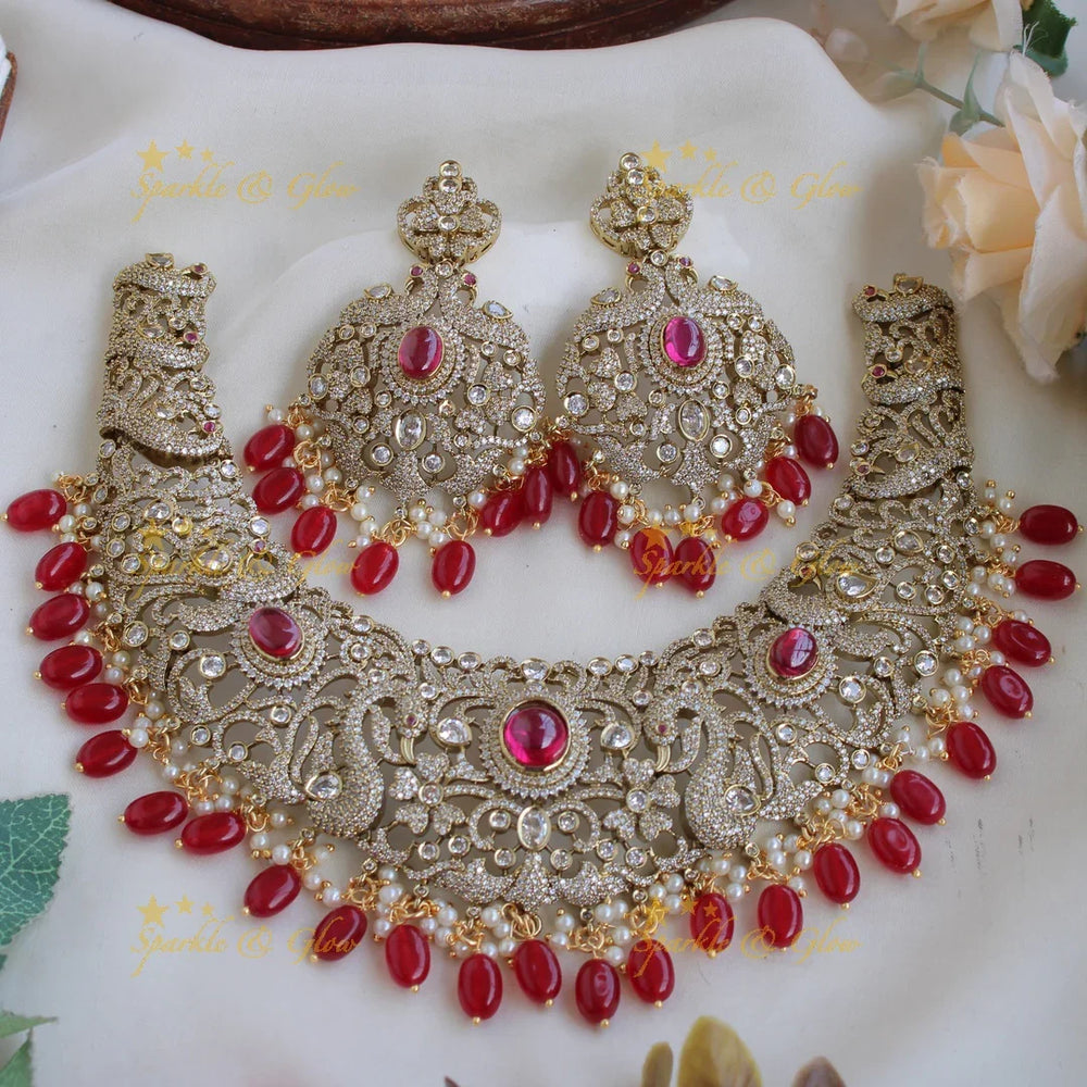 Statement Peacock floral design Victorian AD short necklace with ruby pearls and red beads - Sparkle and Glow