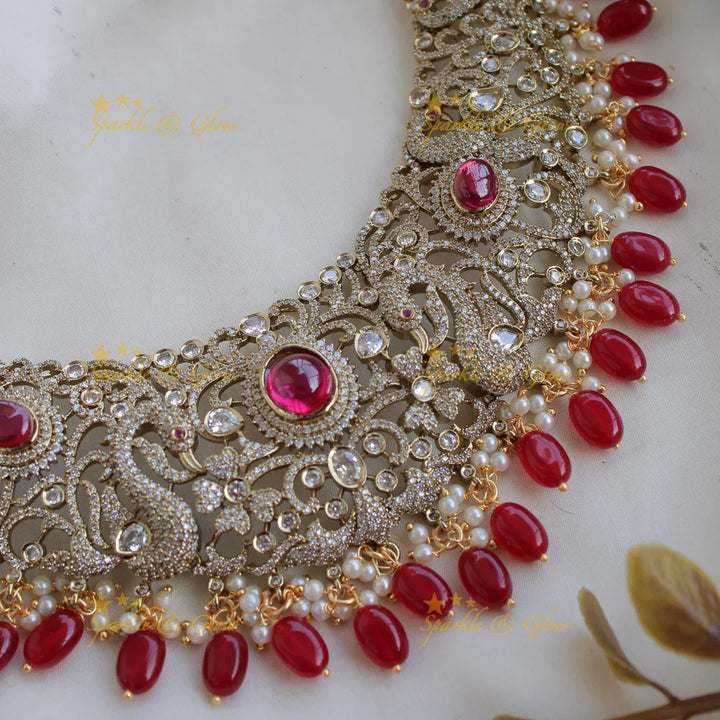 Statement Peacock floral design Victorian AD short necklace with ruby pearls and red beads - Sparkle and Glow