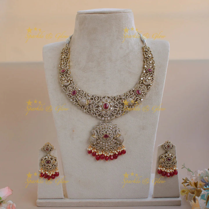 Exquisite Elephant floral design Victorian AD short necklace with ruby pearls and red beads - Sparkle and Glow