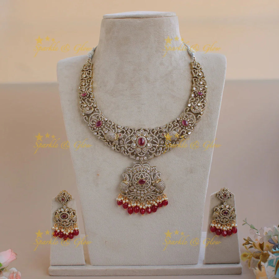 Exquisite Elephant floral design Victorian AD short necklace with ruby pearls and red beads - Sparkle and Glow