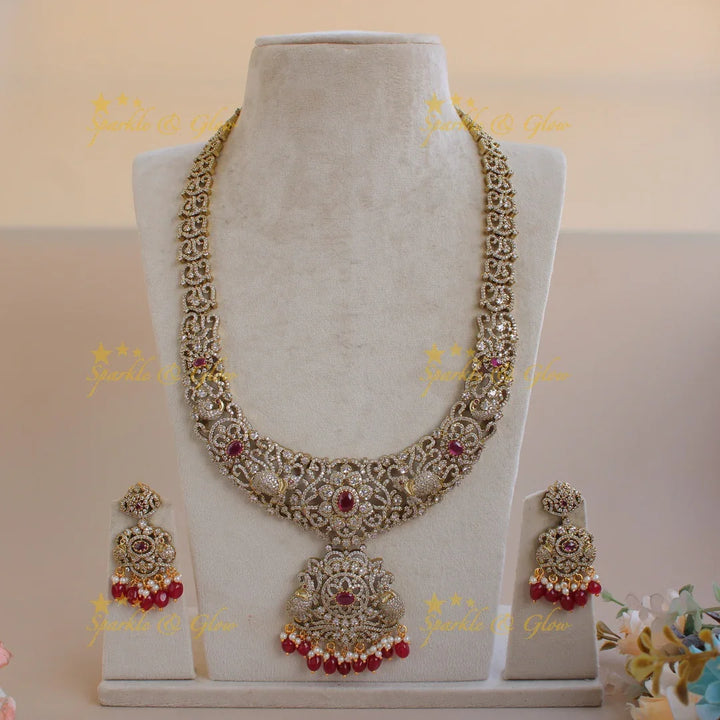 Gorgeous Elephant floral design Victorian AD long necklace with ruby pearls and red beads - Sparkle and Glow