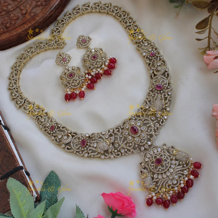 Gorgeous Elephant floral design Victorian AD long necklace with ruby pearls and red beads - Sparkle and Glow