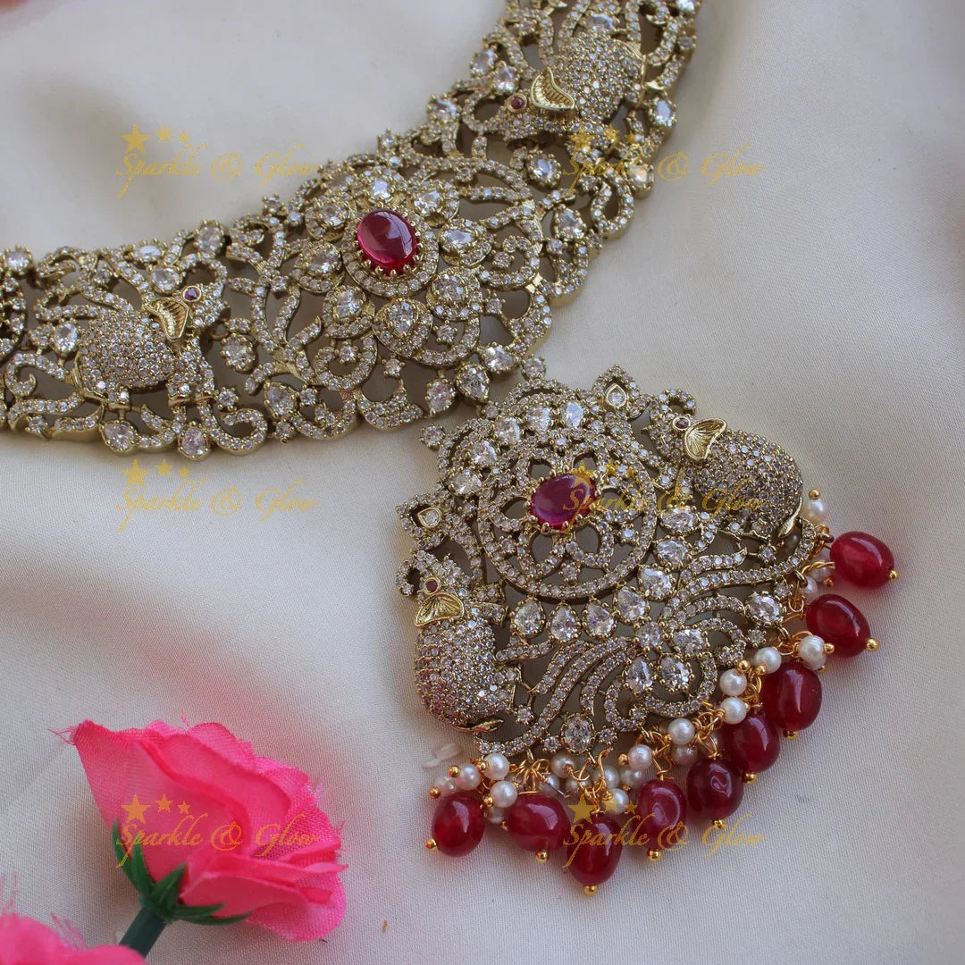 Gorgeous Elephant floral design Victorian AD long necklace with ruby pearls and red beads - Sparkle and Glow