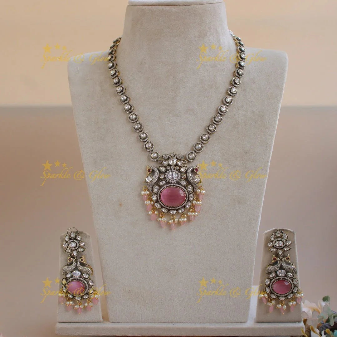 Elegant Peacock floral pendent Victorian AD short necklace with baby pink beads and stones - baby pink - Sparkle and Glow