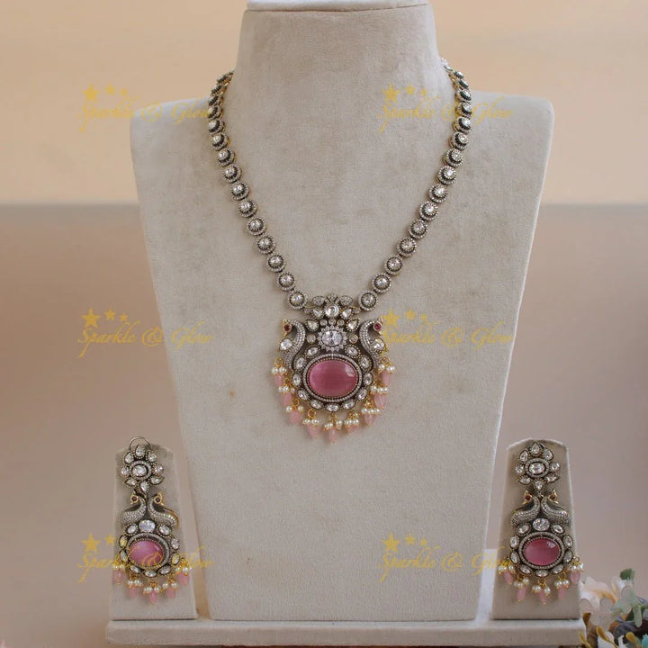 Elegant Peacock floral pendent Victorian AD short necklace with baby pink beads and stones - baby pink - Sparkle and Glow