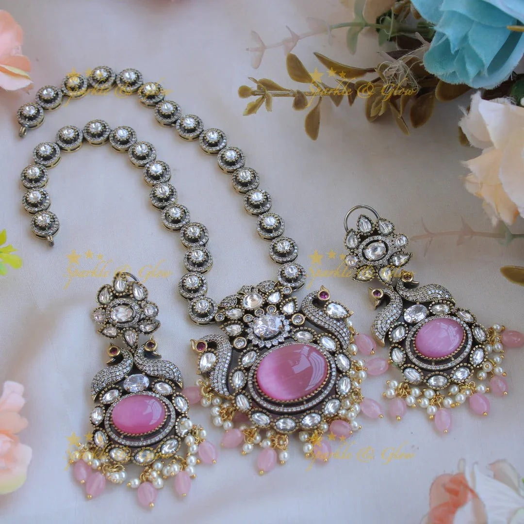 Elegant Peacock floral pendent Victorian AD short necklace with baby pink beads and stones - baby pink - Sparkle and Glow