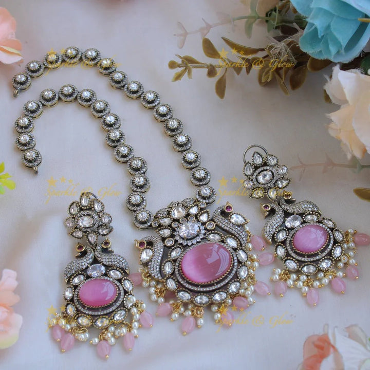 Elegant Peacock floral pendent Victorian AD short necklace with baby pink beads and stones - baby pink - Sparkle and Glow