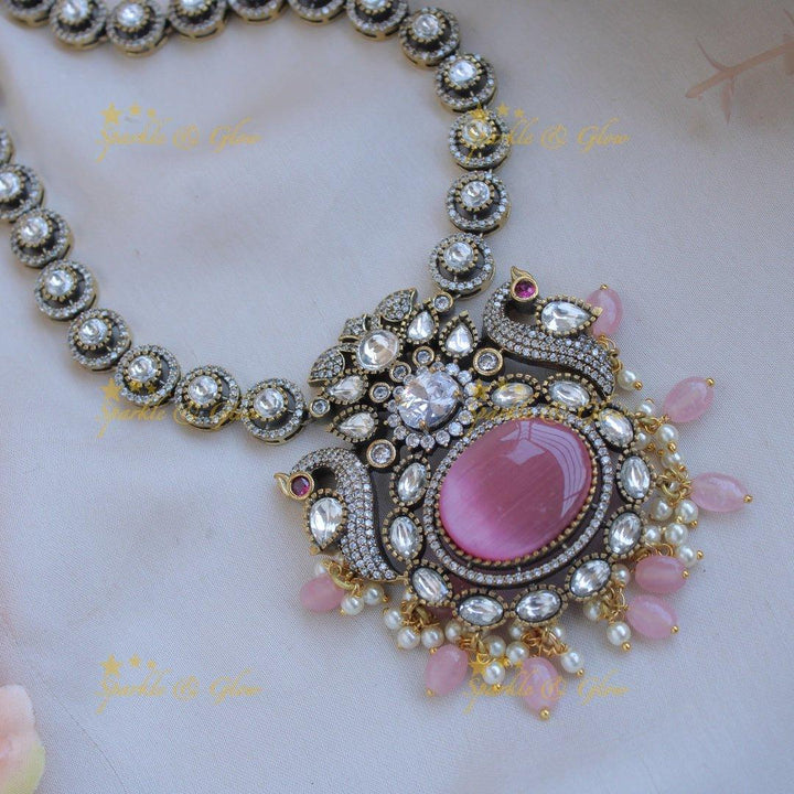 Elegant Peacock floral pendent Victorian AD short necklace with baby pink beads and stones - baby pink - Sparkle and Glow