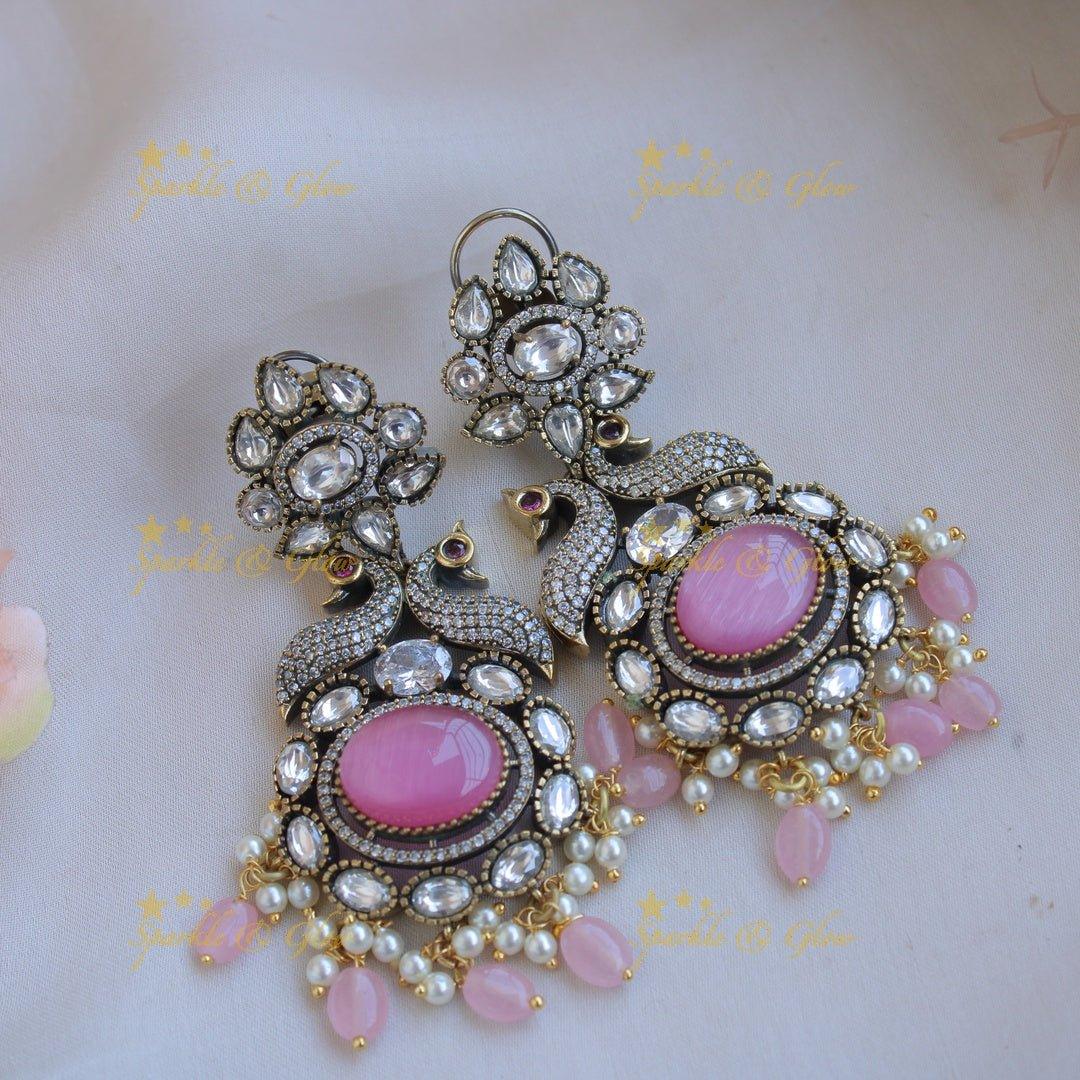 Elegant Peacock floral pendent Victorian AD short necklace with baby pink beads and stones - baby pink - Sparkle and Glow