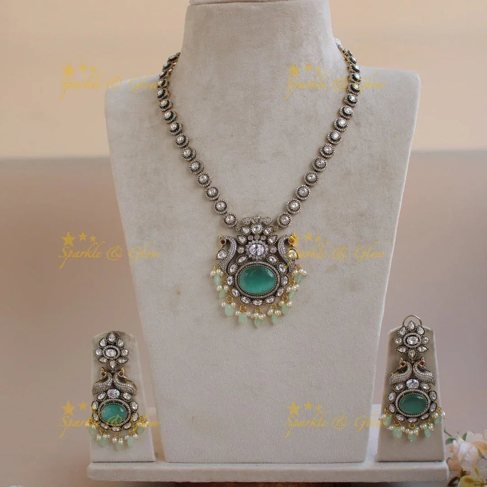 Elegant Peacock floral pendent Victorian AD short necklace with baby pink beads and stones - baby pink - Sparkle and Glow