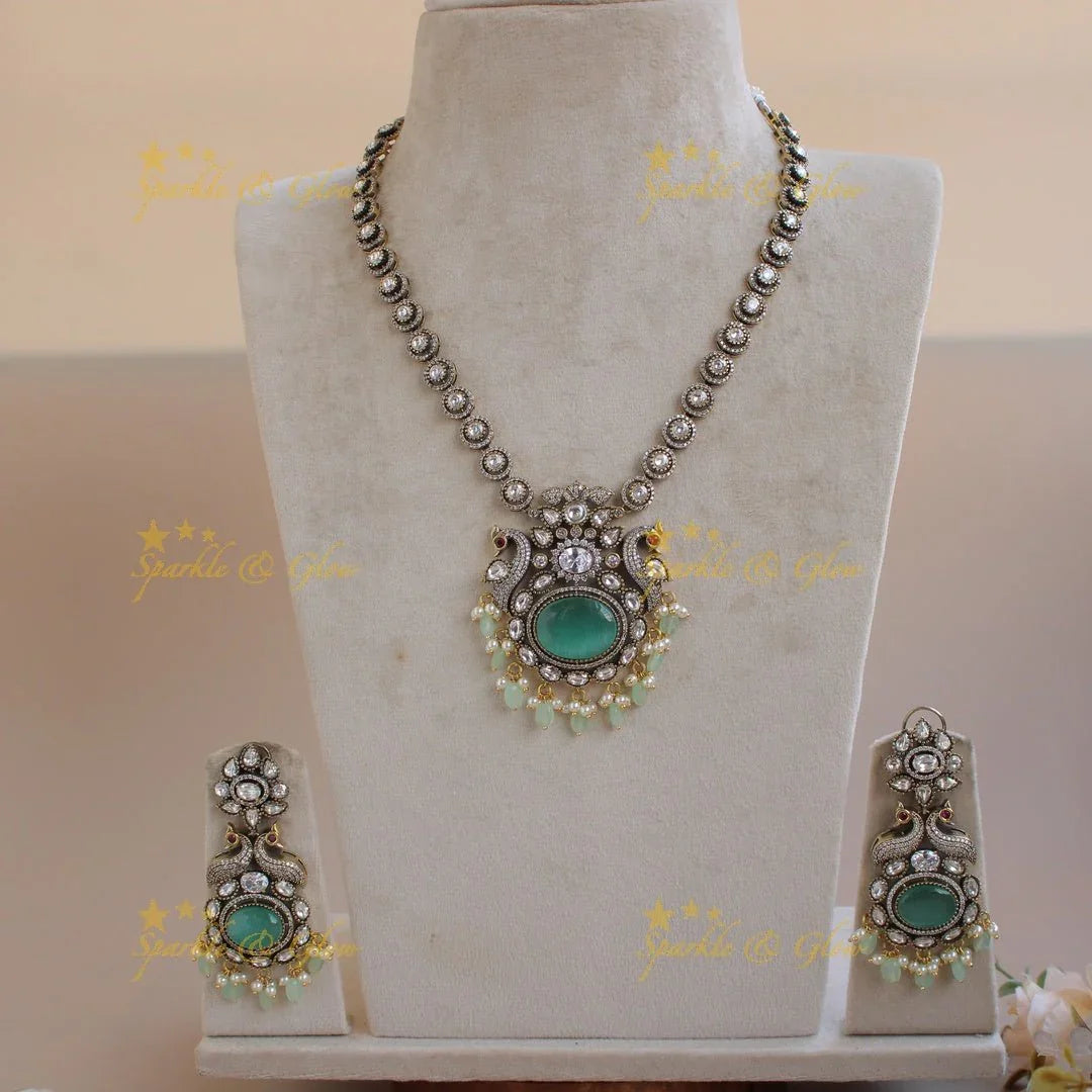 Elegant Peacock floral pendent Victorian AD short necklace with baby pink beads and stones - baby pink - Sparkle and Glow