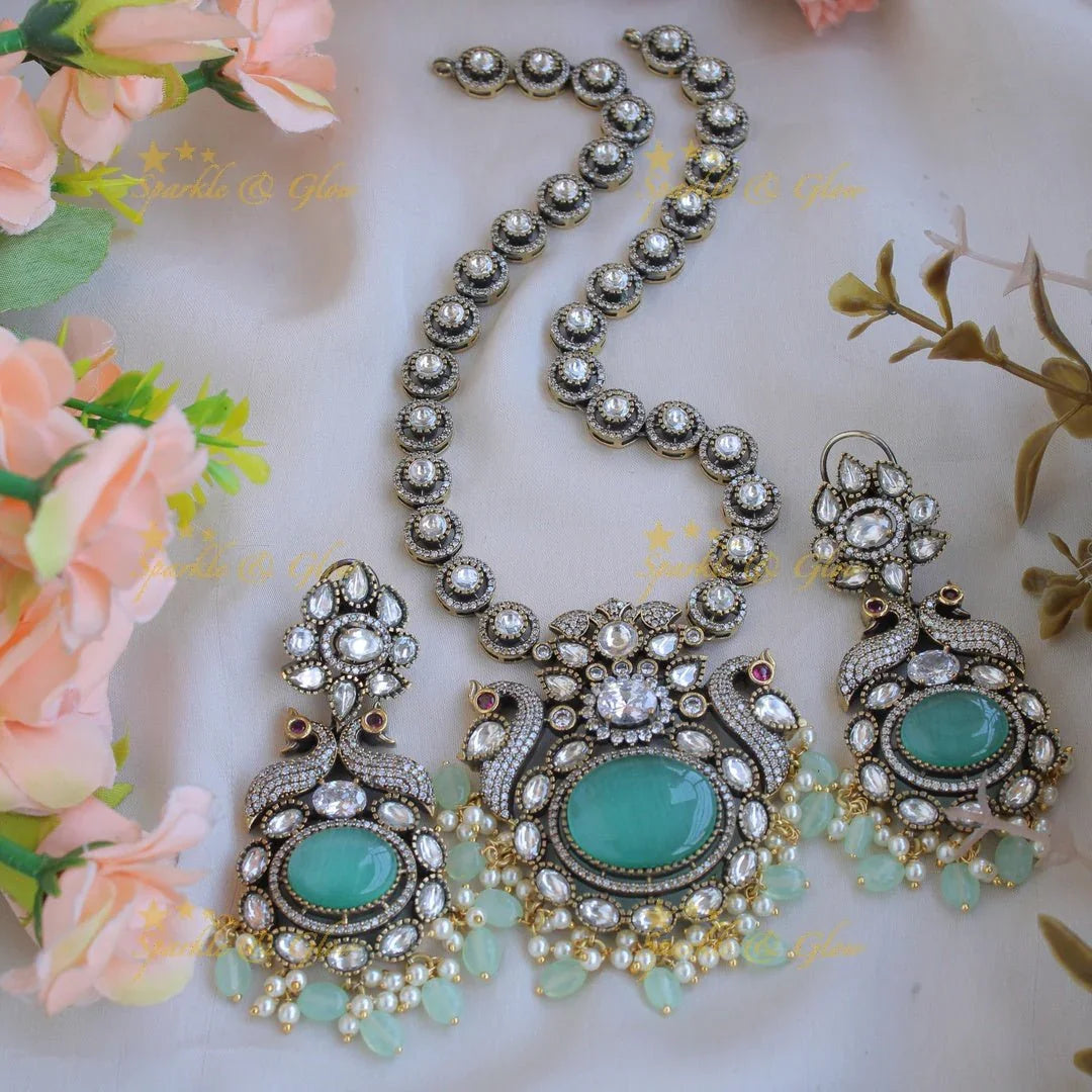 Elegant Peacock floral pendent Victorian AD short necklace with baby pink beads and stones - baby pink - Sparkle and Glow