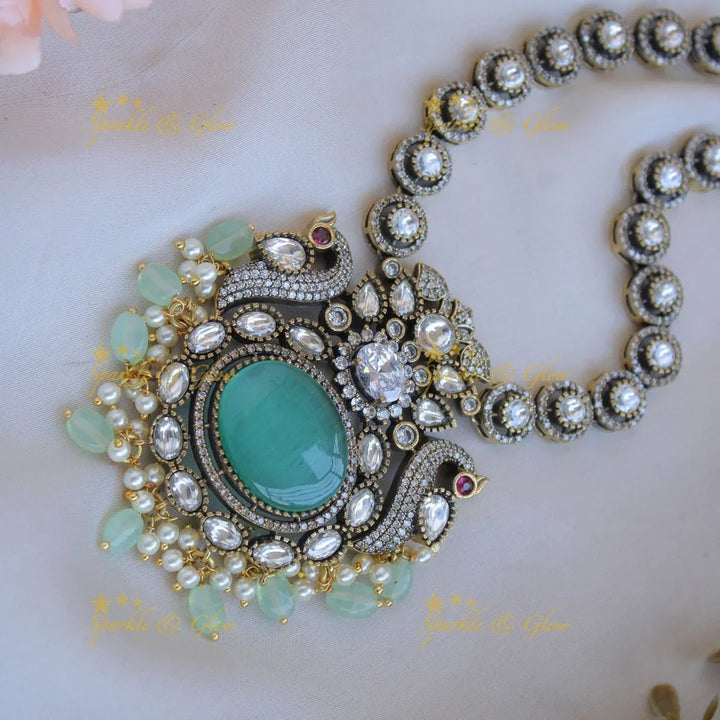 Elegant Peacock floral pendent Victorian AD short necklace with baby pink beads and stones - baby pink - Sparkle and Glow