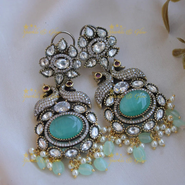 Elegant Peacock floral pendent Victorian AD short necklace with baby pink beads and stones - baby pink - Sparkle and Glow