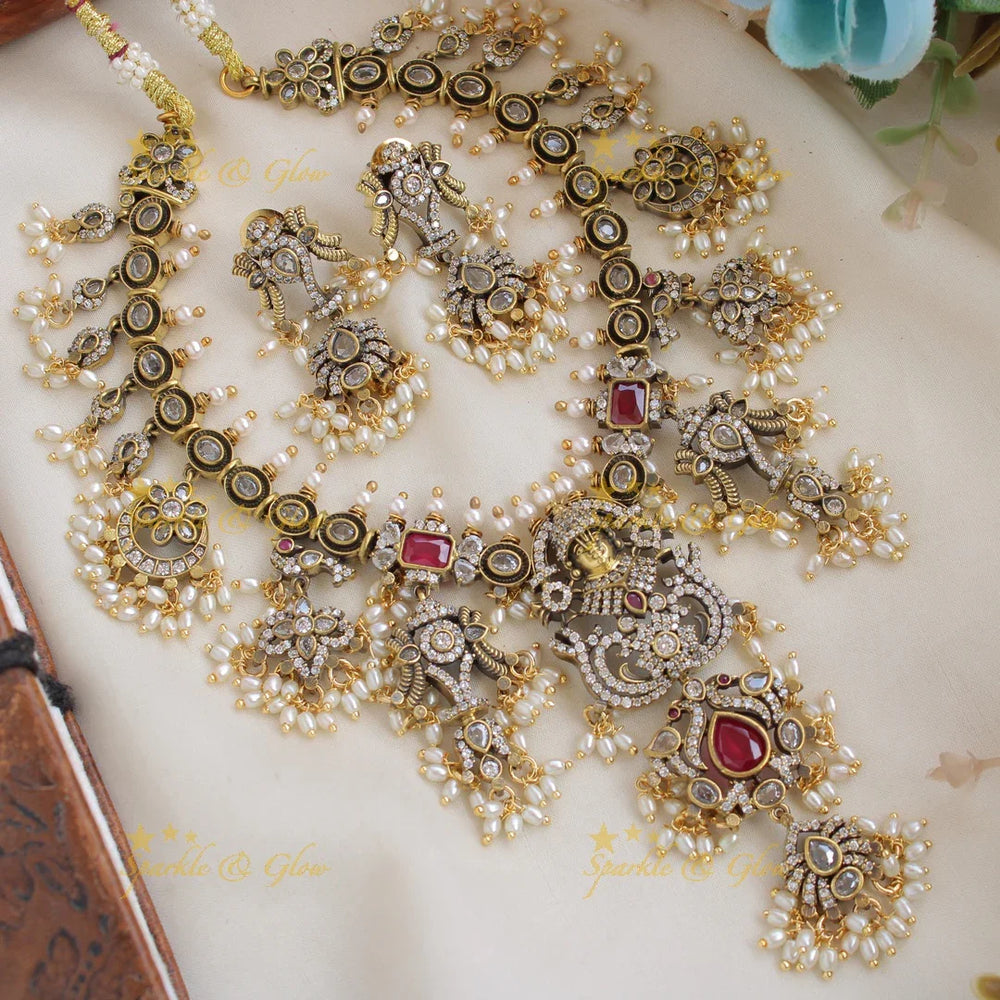 Exclusive Balaji shankh peacock design victorian AD gutta pusalu short necklace with rice pearl - Sparkle and Glow