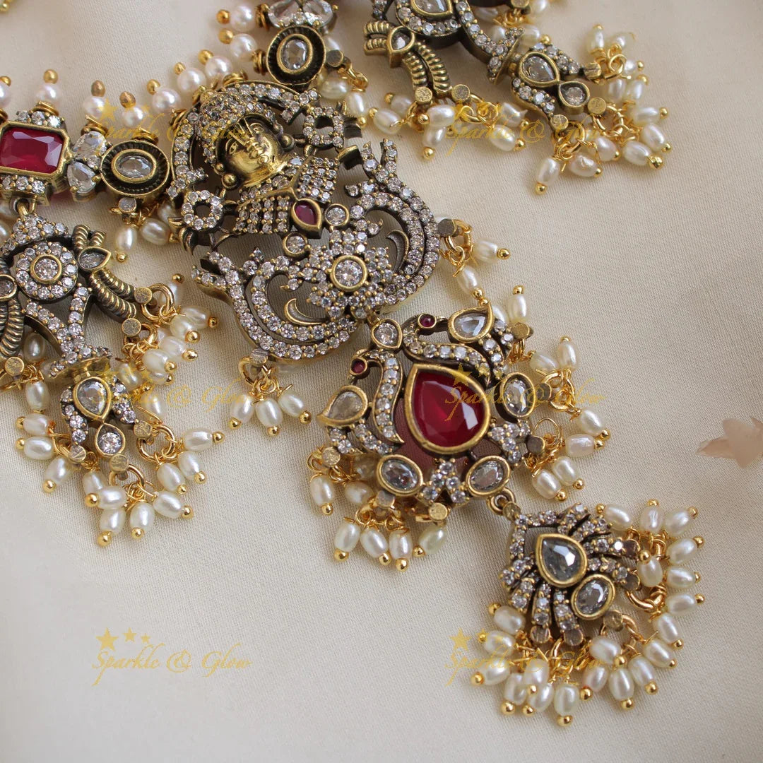 Exclusive Balaji shankh peacock design victorian AD gutta pusalu short necklace with rice pearl - Sparkle and Glow