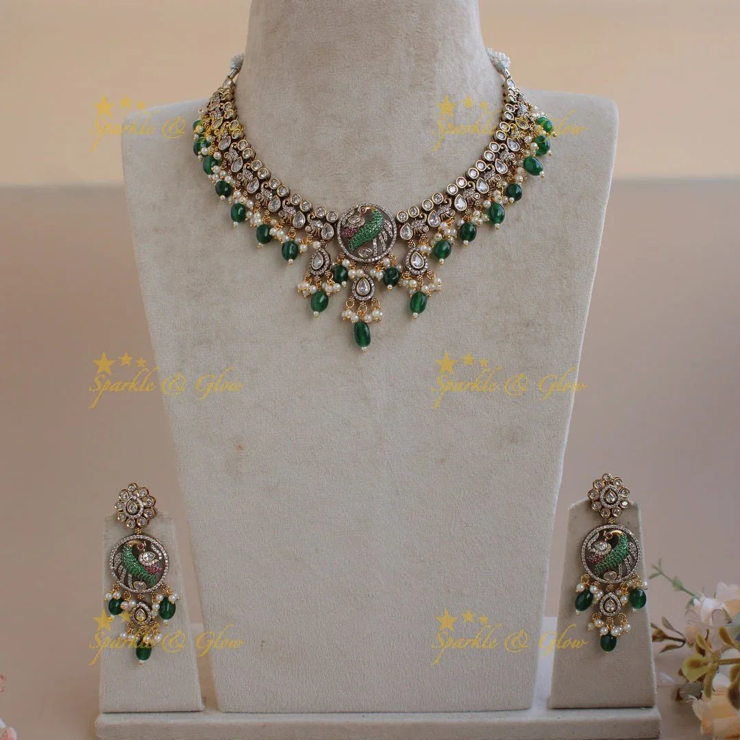 Elegant Peacock Elephant design victorian AD gutta pusalu short necklace with purple beads - Sparkle and Glow