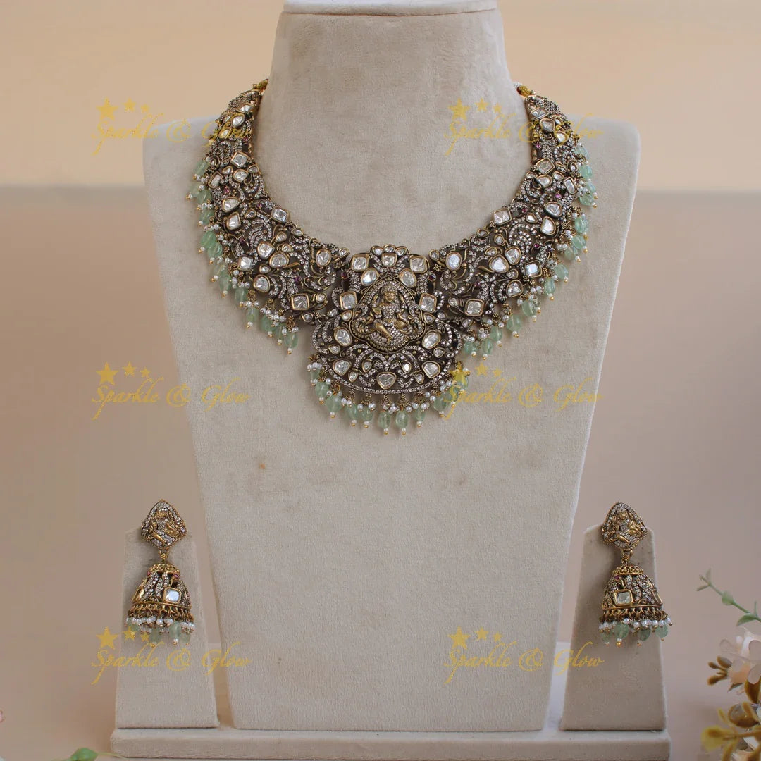 Statement Lakshmi Peacock design victorian AD short necklace with Mint green beads - Sparkle and Glow