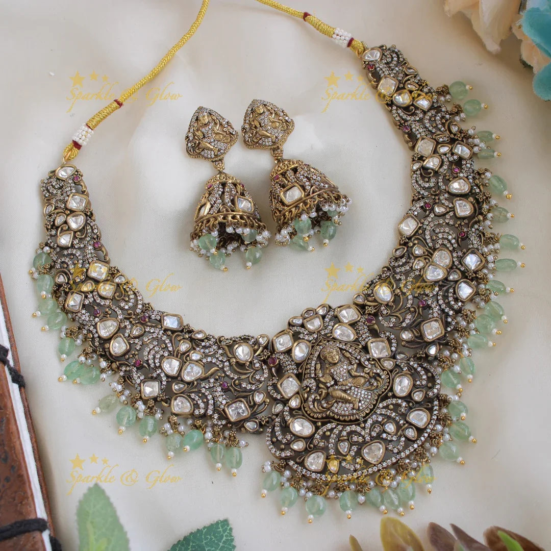 Statement Lakshmi Peacock design victorian AD short necklace with Mint green beads - Sparkle and Glow