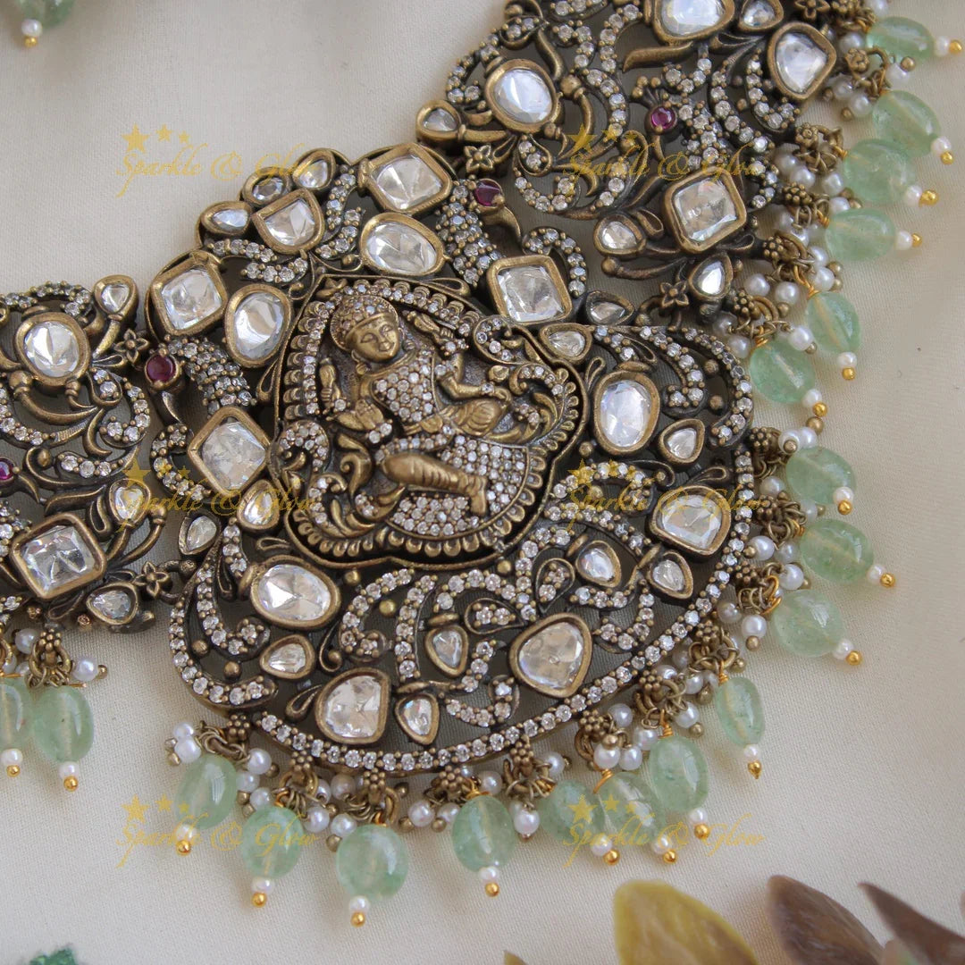 Statement Lakshmi Peacock design victorian AD short necklace with Mint green beads - Sparkle and Glow