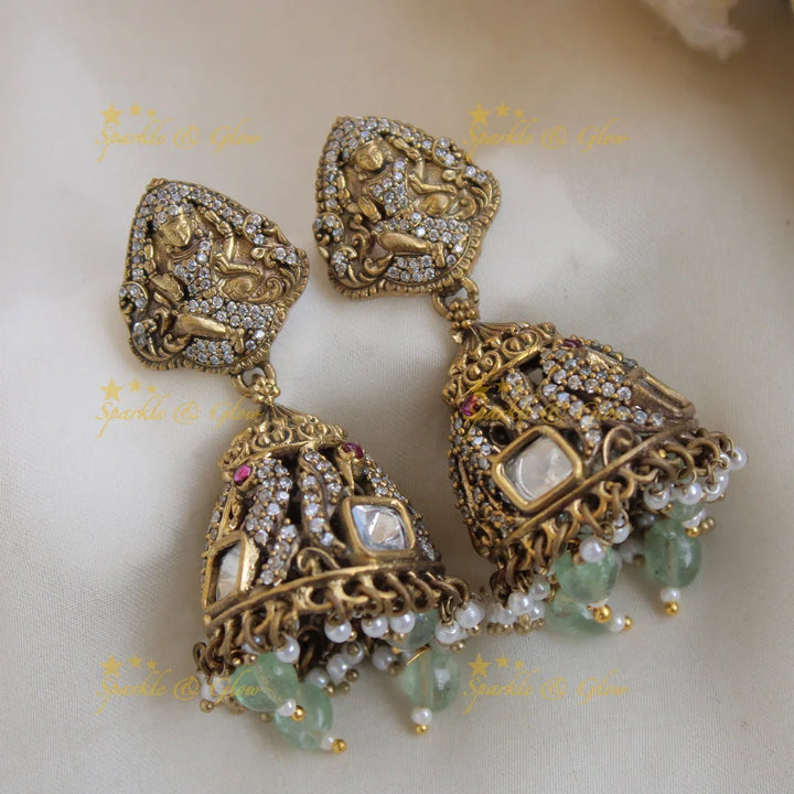 Statement Lakshmi Peacock design victorian AD short necklace with Mint green beads - Sparkle and Glow