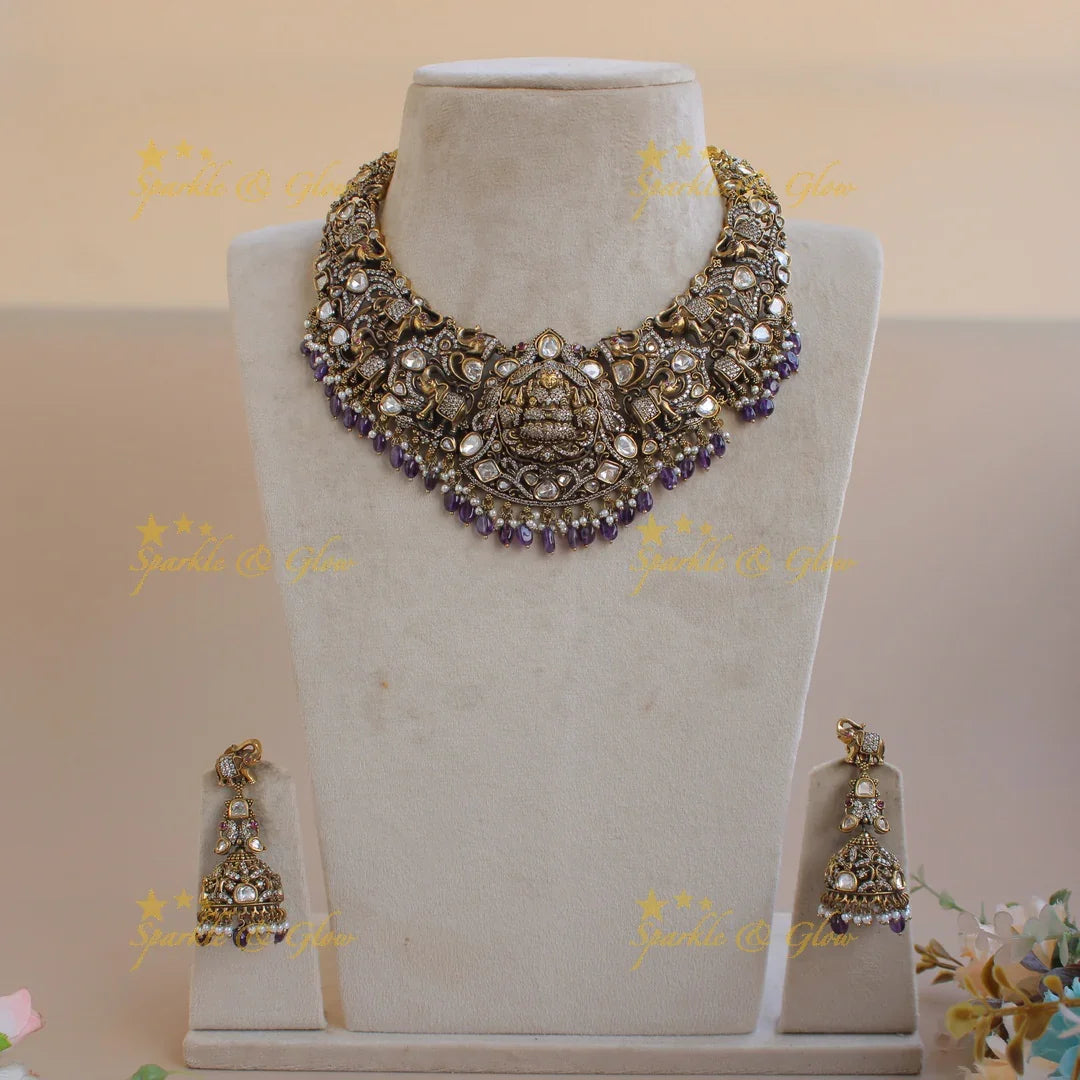 Gorgeous Lakshmi Elephant Peacock design victorian AD short necklace with purple beads - Sparkle and Glow