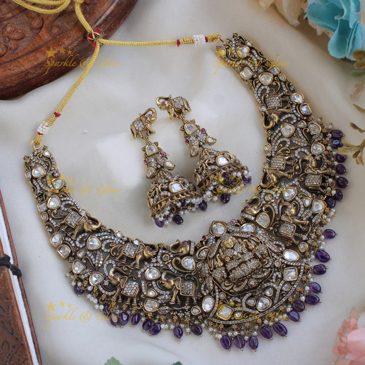 Gorgeous Lakshmi Elephant Peacock design victorian AD short necklace with purple beads - Sparkle and Glow