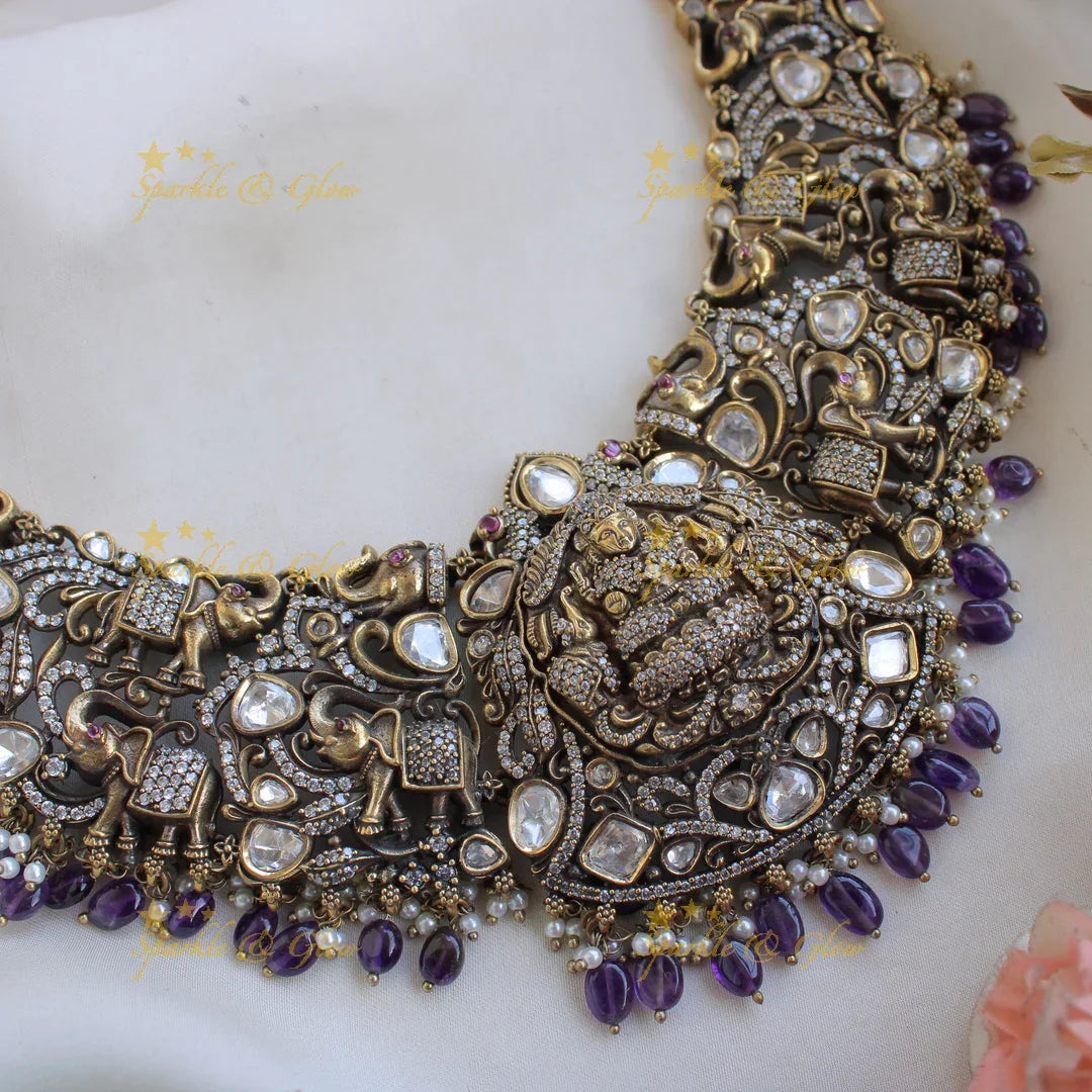 Gorgeous Lakshmi Elephant Peacock design victorian AD short necklace with purple beads - Sparkle and Glow