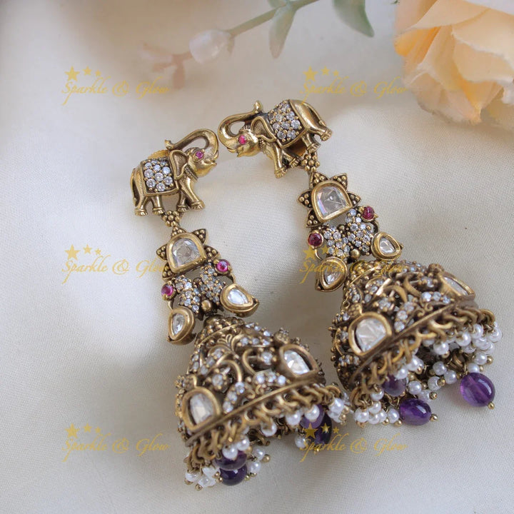 Gorgeous Lakshmi Elephant Peacock design victorian AD short necklace with purple beads - Sparkle and Glow