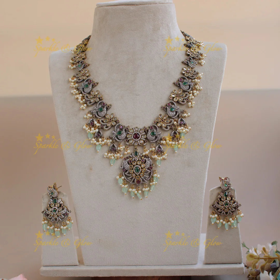 Stunning Floral Peacock design gutta pusalu Victorian AD long necklace with mint green beads - Sparkle and Glow