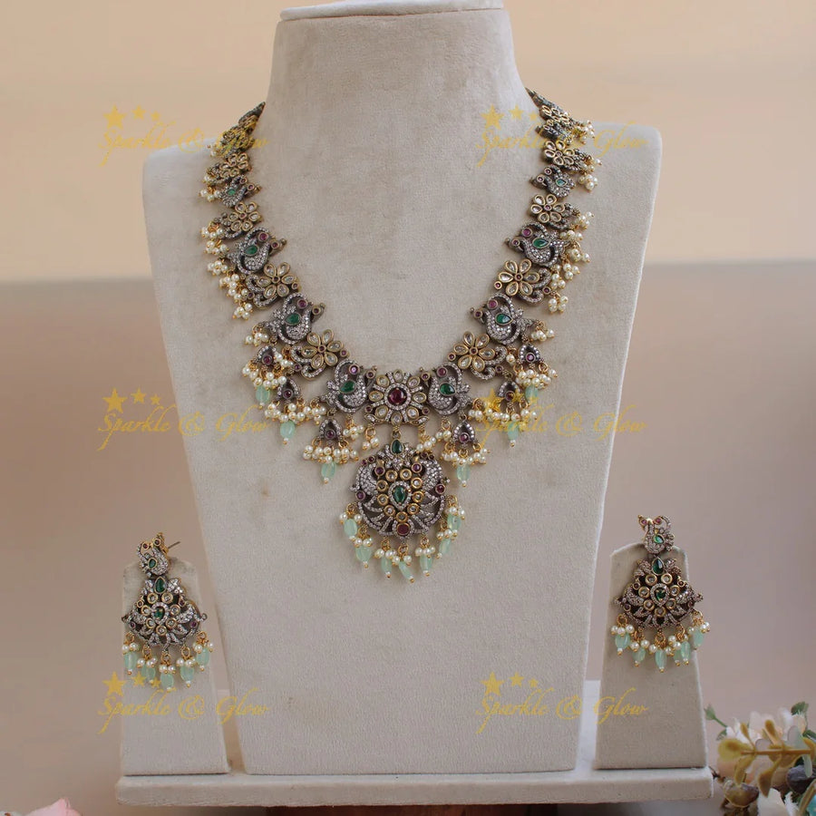 Stunning Floral Peacock design gutta pusalu Victorian AD long necklace with mint green beads - Sparkle and Glow