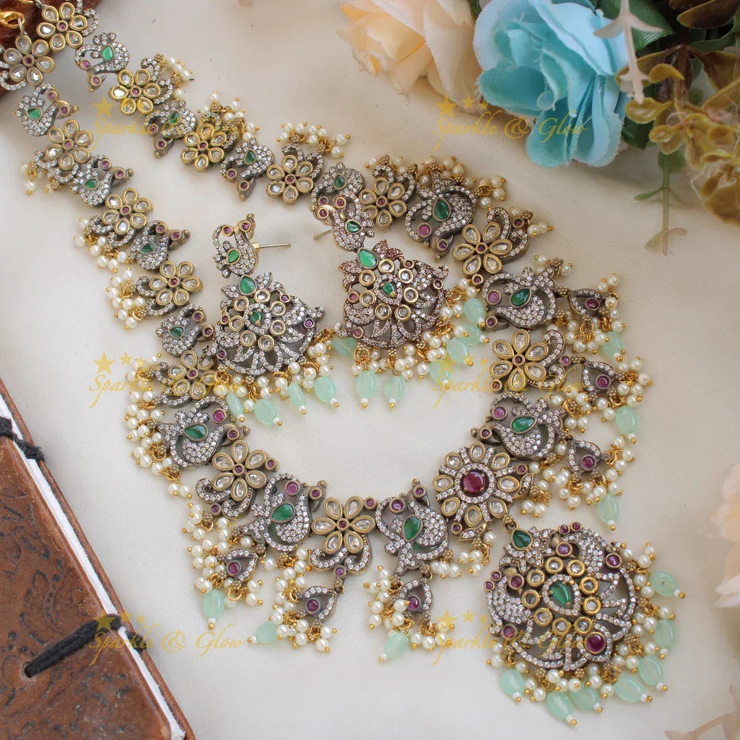 Stunning Floral Peacock design gutta pusalu Victorian AD long necklace with mint green beads - Sparkle and Glow