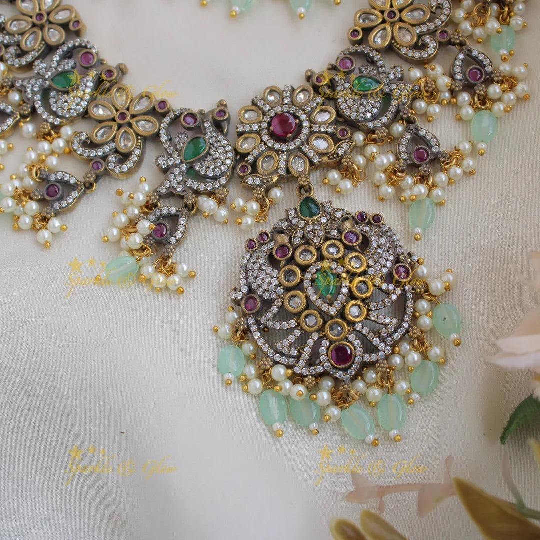 Stunning Floral Peacock design gutta pusalu Victorian AD long necklace with mint green beads - Sparkle and Glow