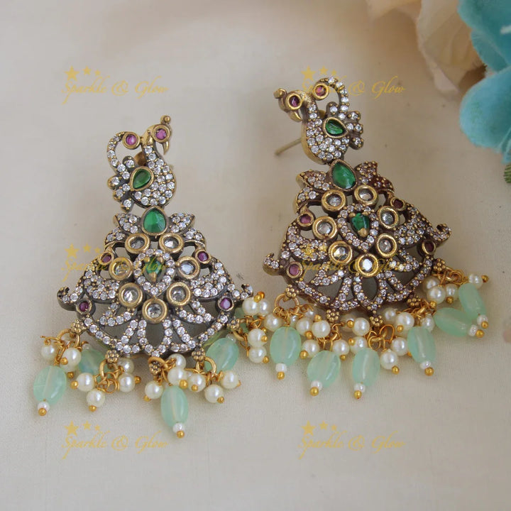 Stunning Floral Peacock design gutta pusalu Victorian AD long necklace with mint green beads - Sparkle and Glow