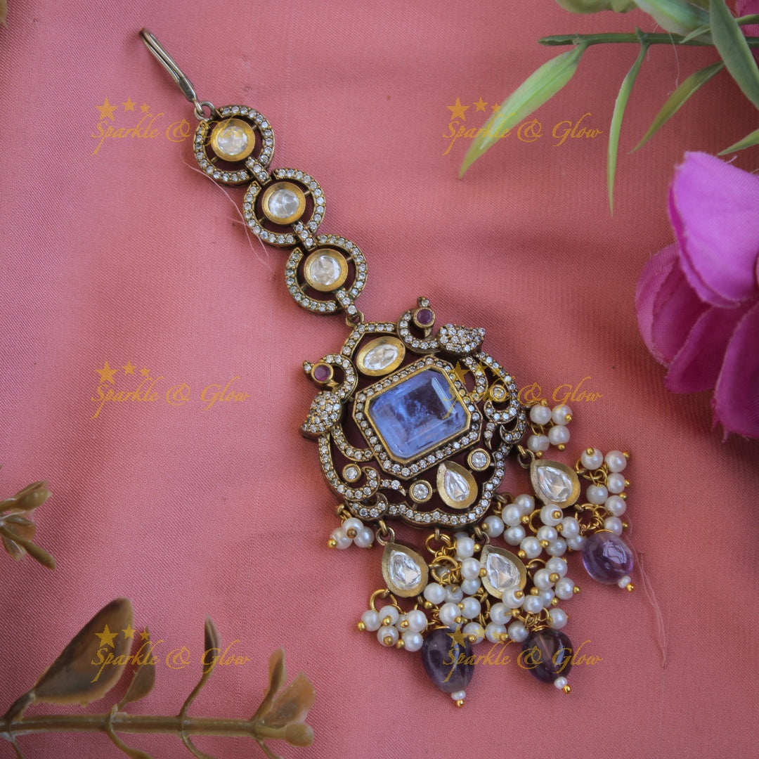 Peacock design victorian maang tikka with pearls purple beads and stone