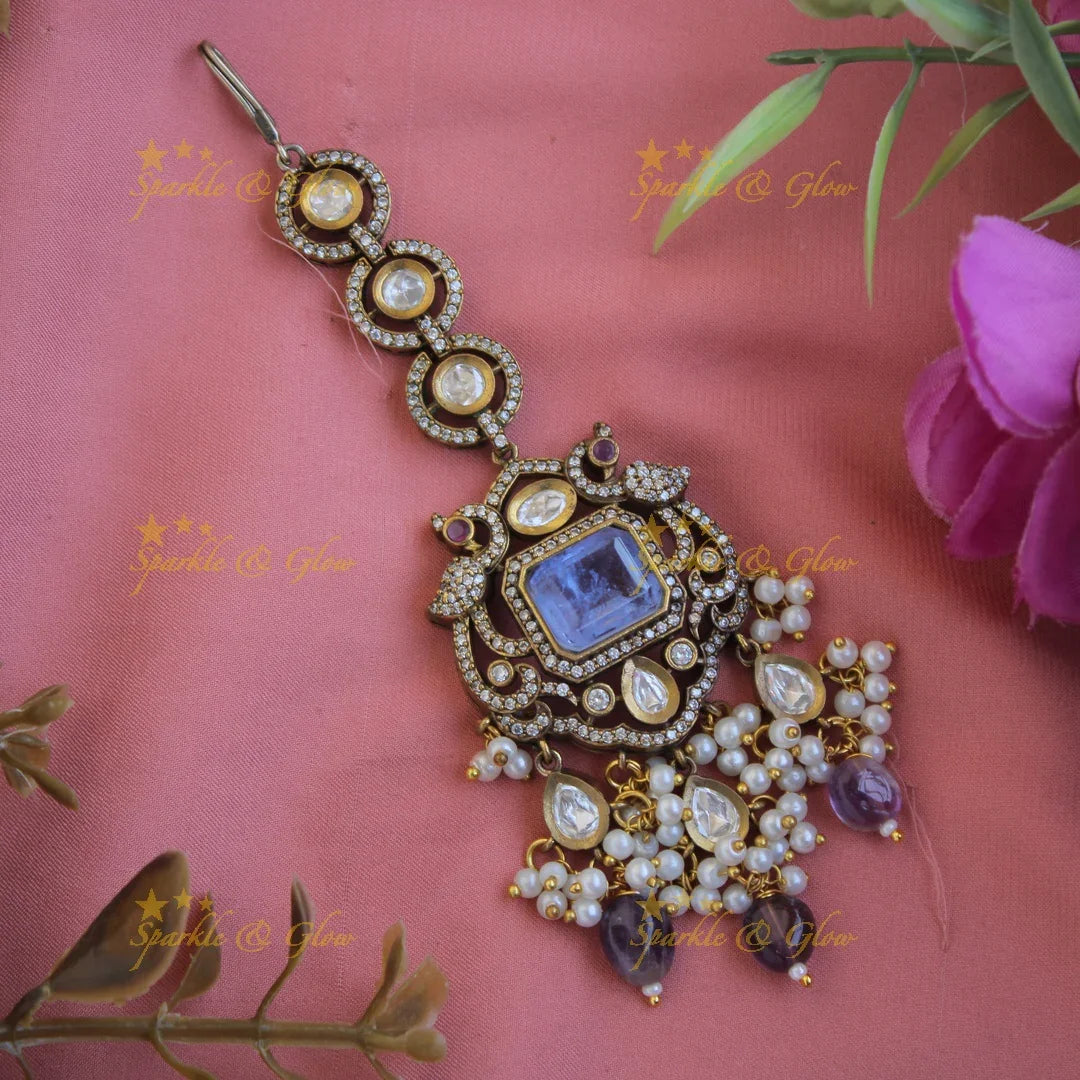 Peacock design victorian maang tikka with pearls purple beads and stone - Sparkle and Glow
