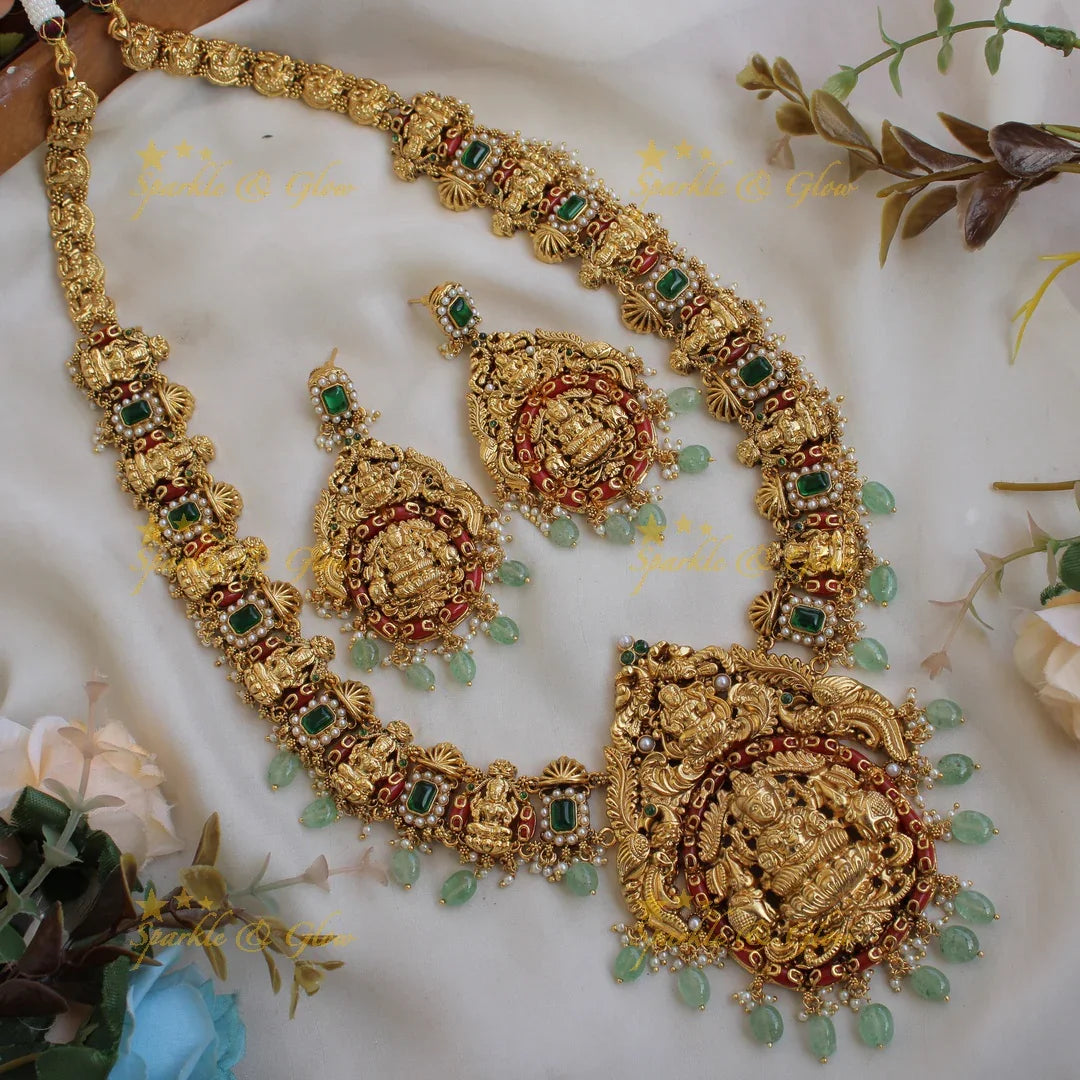 Gorgeous Lakshmi carved long necklace with pearls coral emerald and green beads - Sparkle and Glow